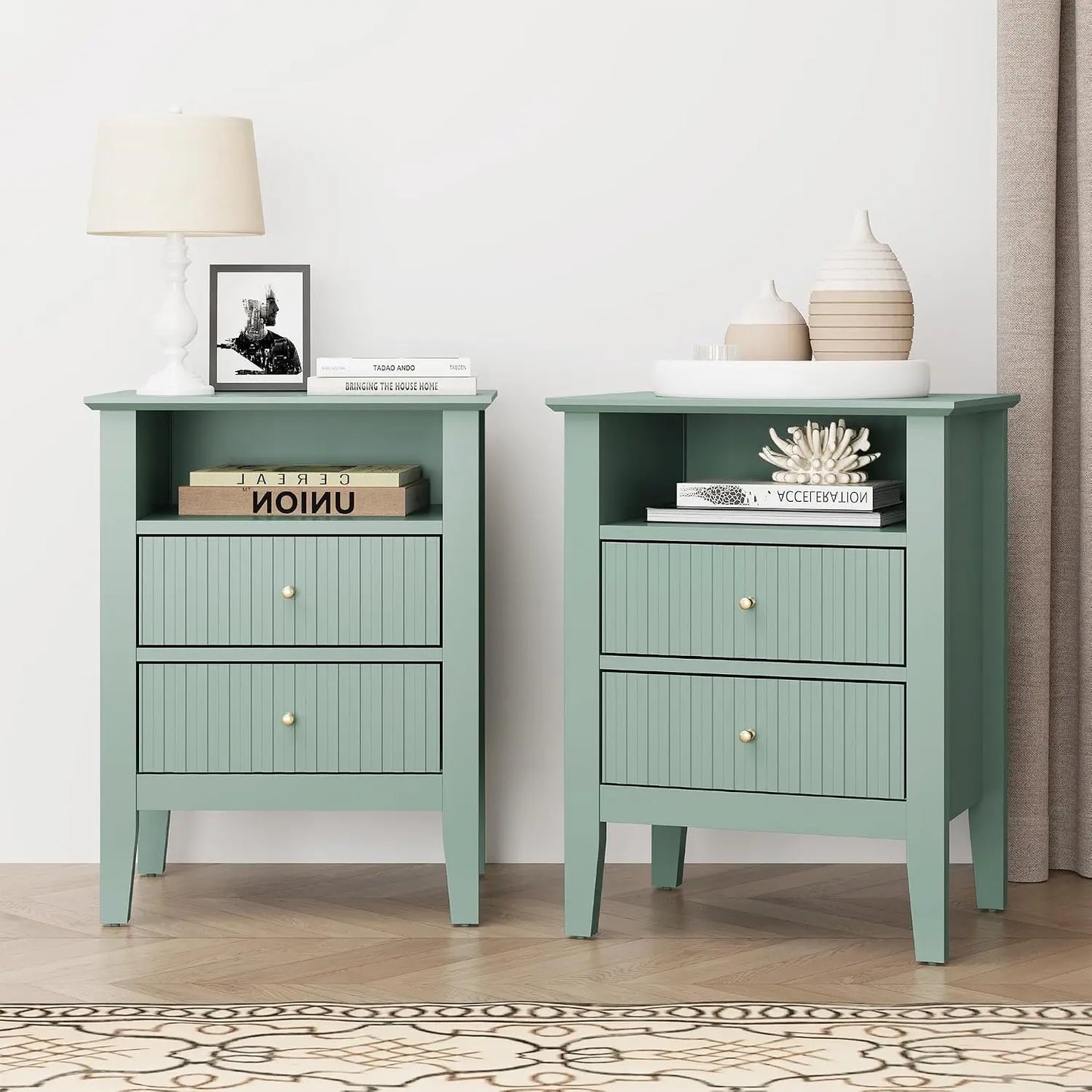 Fluted Nightstand Set Of 2 With Charging Station And Storage Shelf