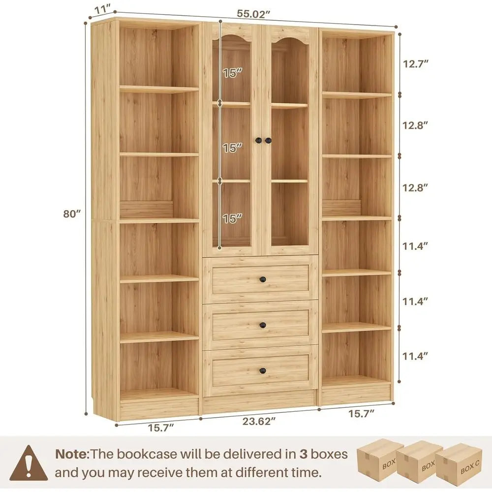 Minimalist Modern Bookcase Set With Six Tier Arched Glass Doors