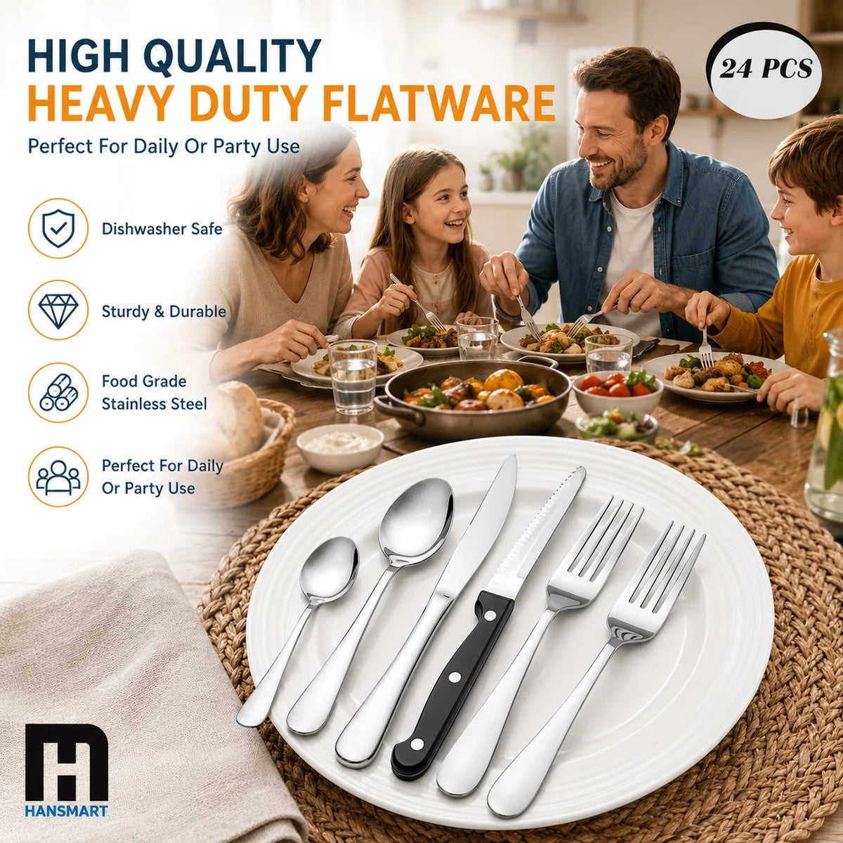 HanSMART Stainless Steel Flatware Set Mirror Polished Cutlery