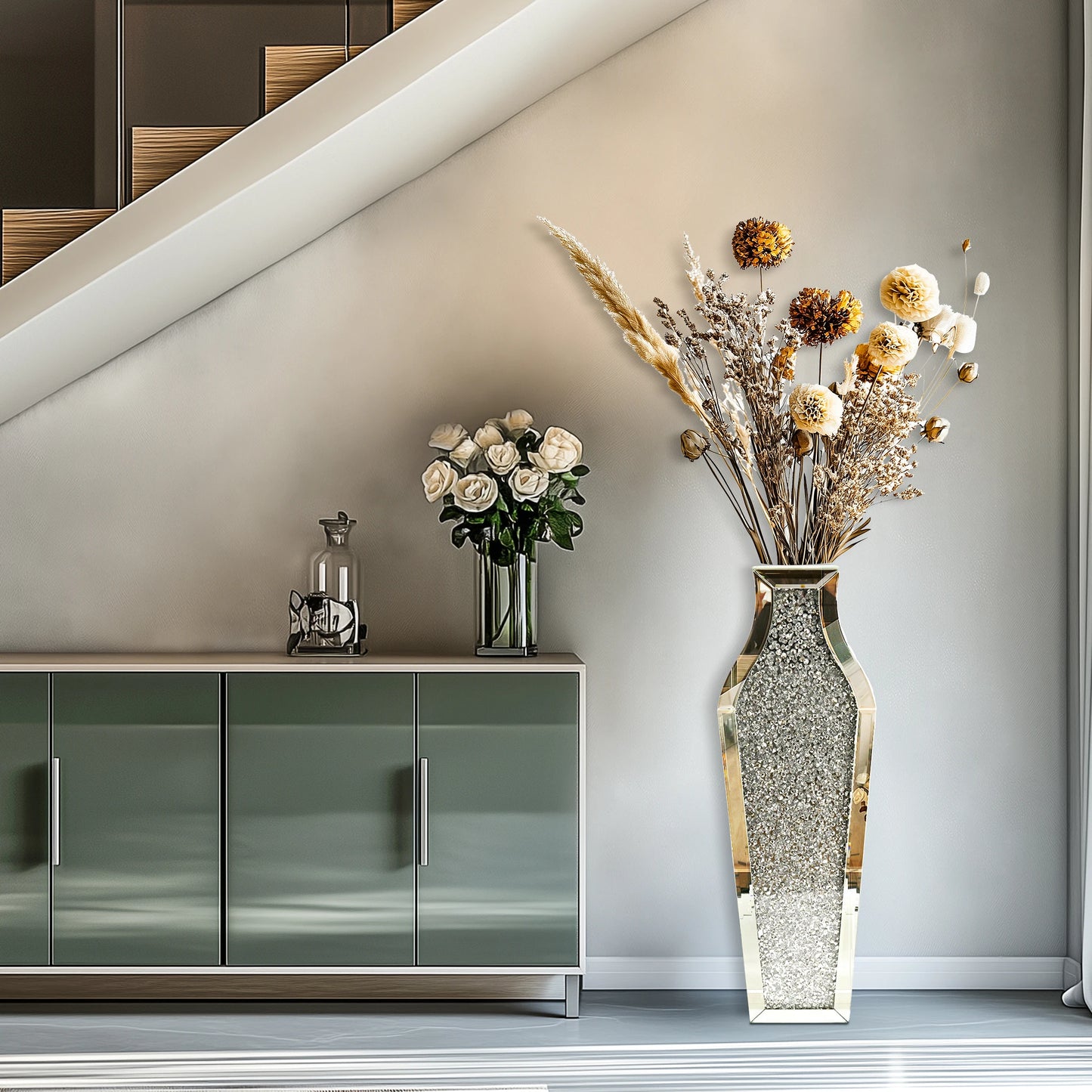 Crushed Diamond Mirrored Glass Floor Vase for Home Decor