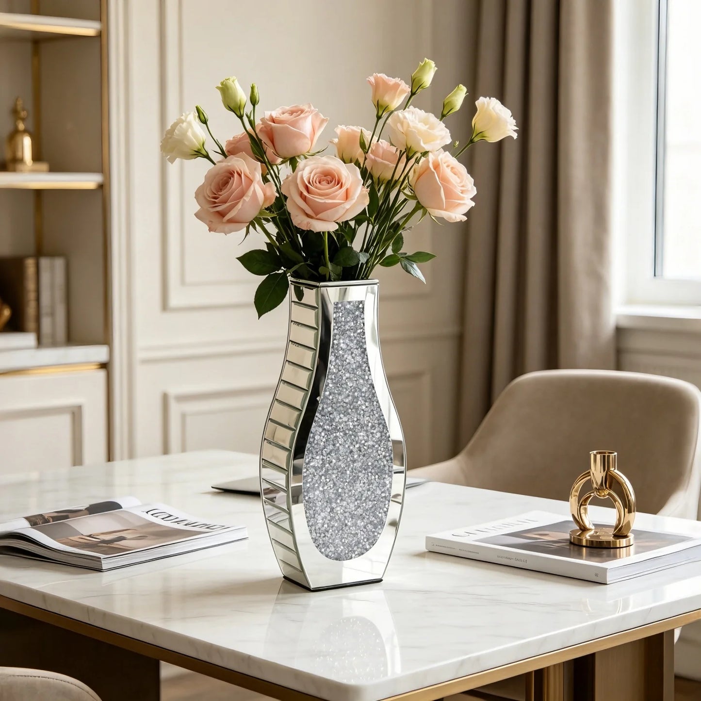 Crushed Diamond Mirror Table Vase Crystal Silver Glass Stunning Decorative Vase for Holding Dried Flowers Can’t Hold Water