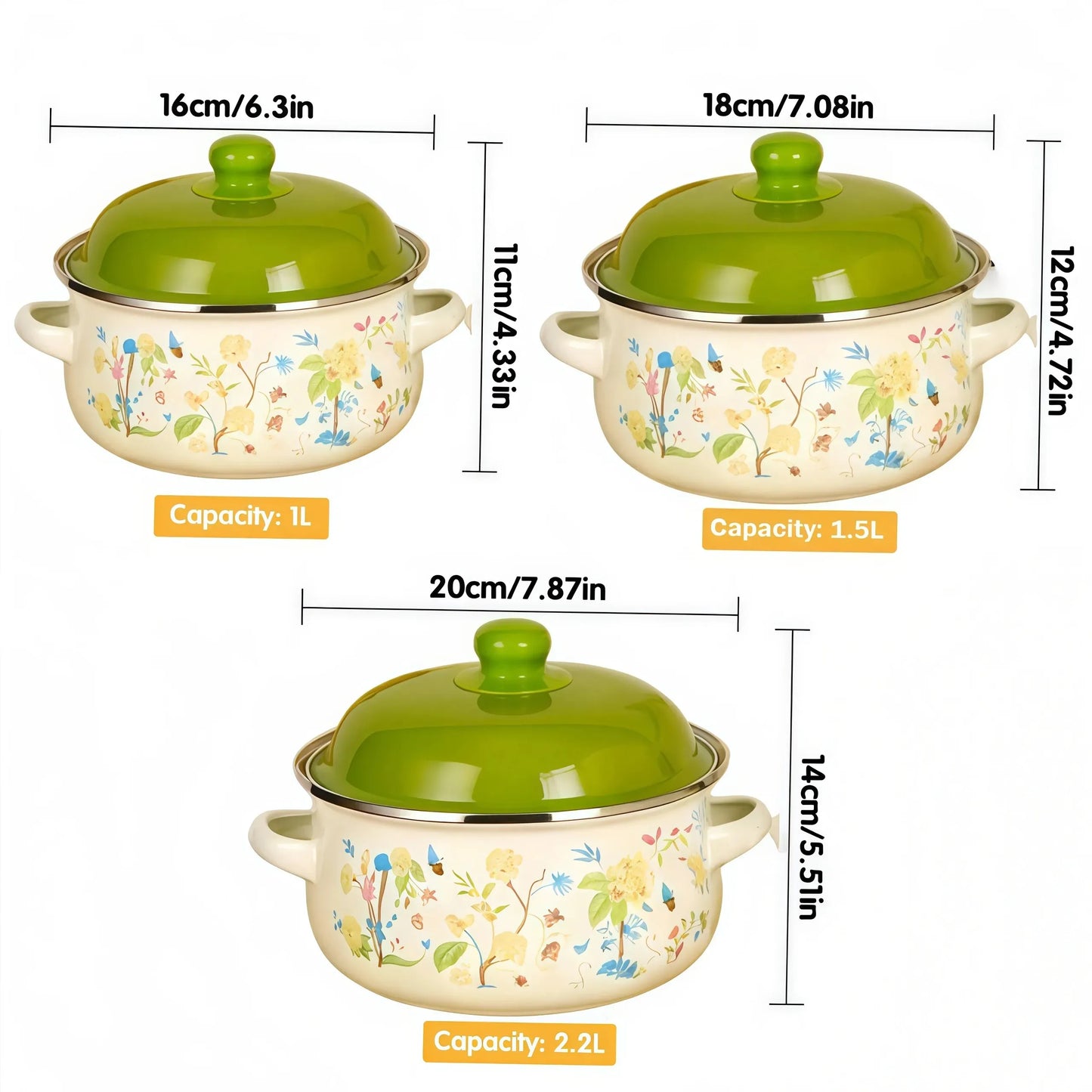 Three Piece Vintage Enamel Stock Pot Set With Lid Induction