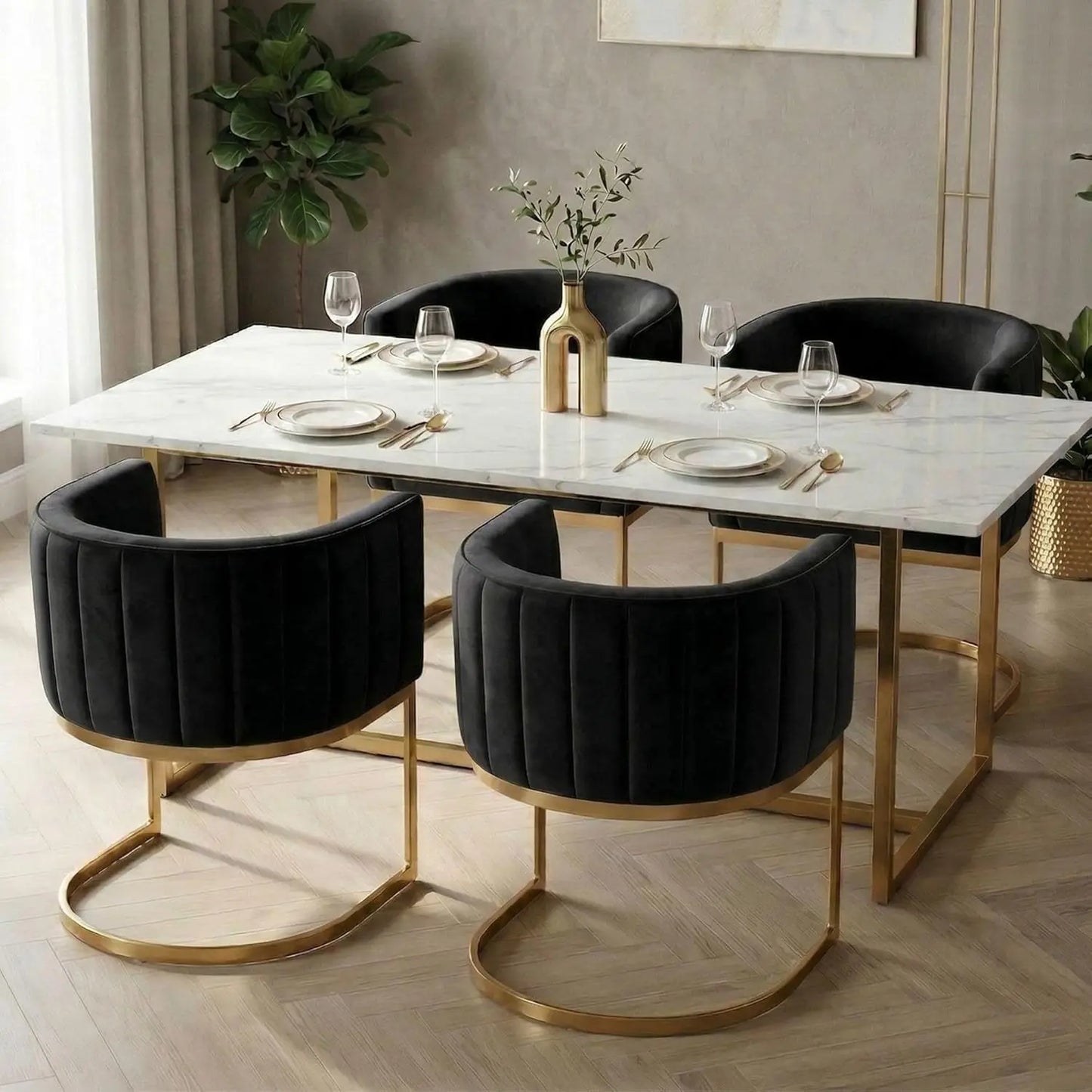 Set Of 4 Velvet Barrel Dining Armchairs With Metal Legs