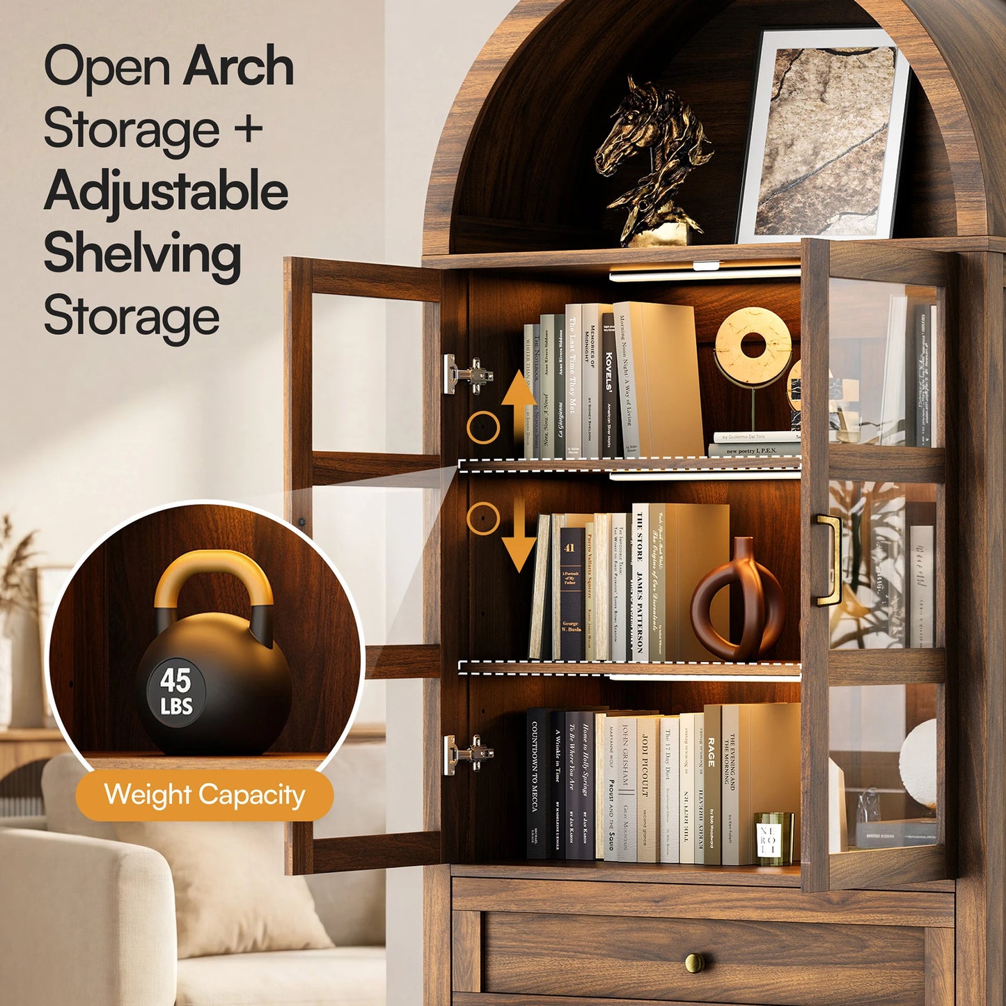 Furgle Arched Wood Storage Cabinet Adjustable Shelves LED Lights