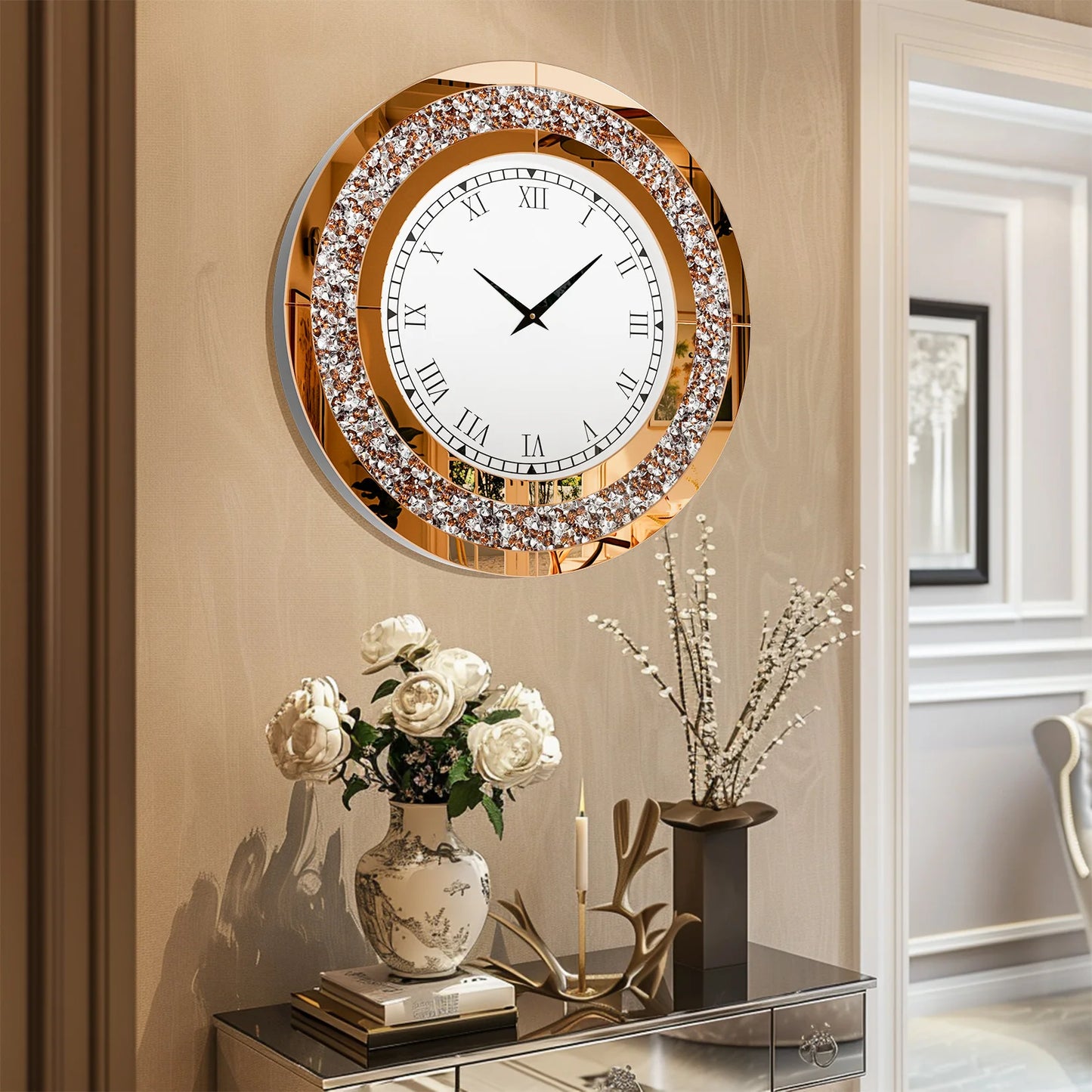 Round Mirror Wall Clock With Crystal Sparkle Finish Living Room