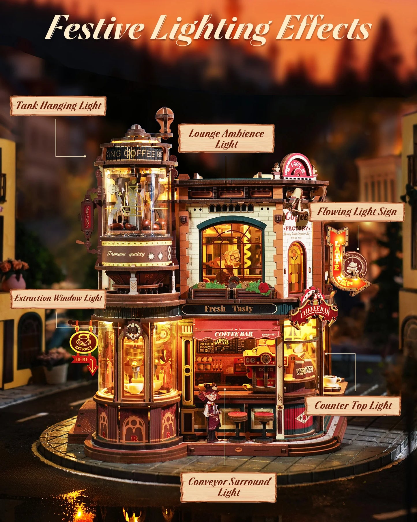 ROKR Dream Coffee Factory 3D Puzzle Music Box LED Kit