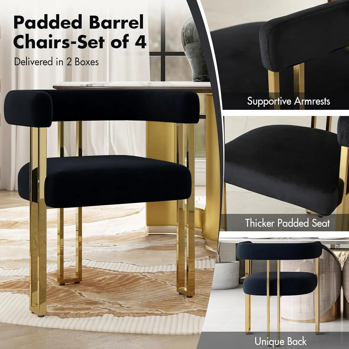 Velvet Upholstered Barrel Dining Chairs With Metal Legs Set Four