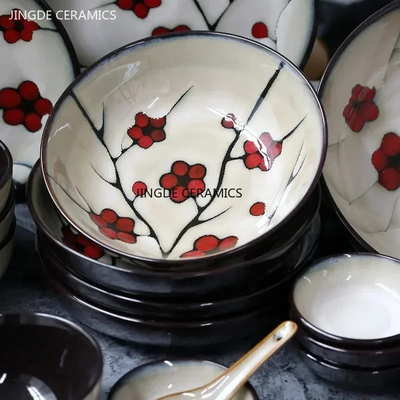 Japanese Ceramic Tableware Household Hand-painted Plum Blossom Ceramic Plate Rice Bowl Home Dinner Plates Kitchen Accessories