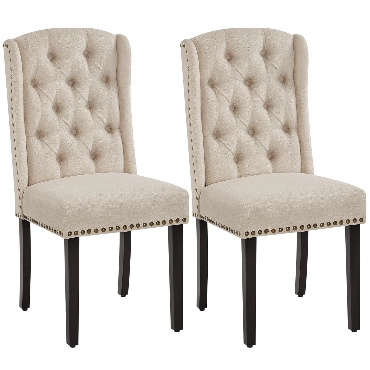 Set Of 2 Button Tufted Dining Chairs With Nailhead Trims And Solid Wood Legs