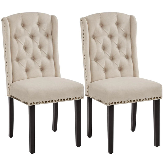 Set Of 2 Button Tufted Dining Chairs With Nailhead Trims And Solid Wood Legs