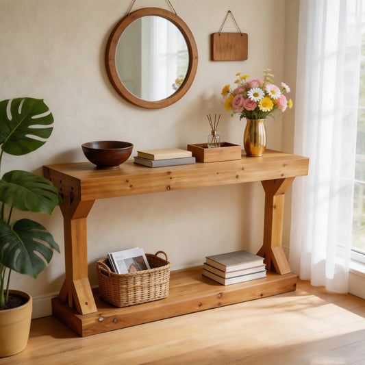 Wood Farmhouse Sofa Console Table With Storage Shelf Entryway