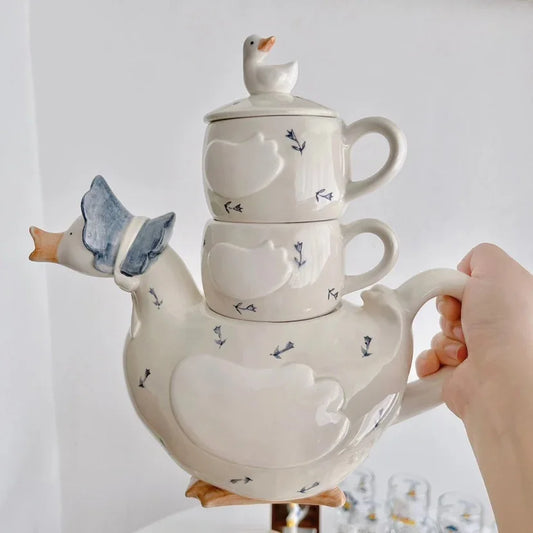 Japanese Style Cute Duck Mom Zai Zai Porcelain Tableware Tea Pot Cup Set