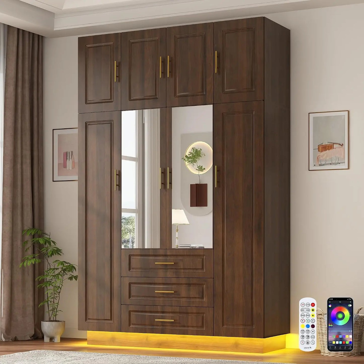 Armoire Wardrobe Closet Cabinet With Drawers Led Lights Large Capacity