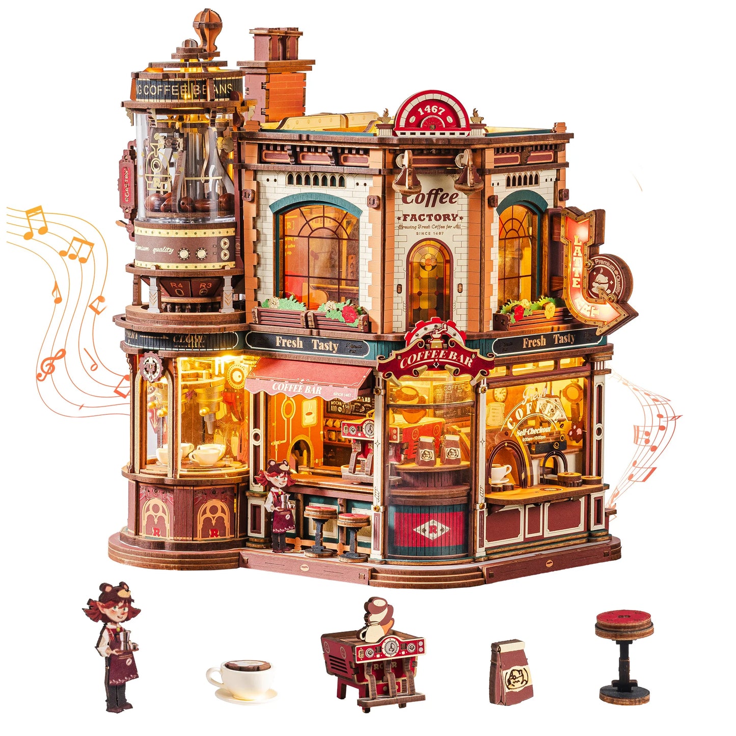 ROKR Dream Coffee Factory 3D Puzzle Music Box LED Kit