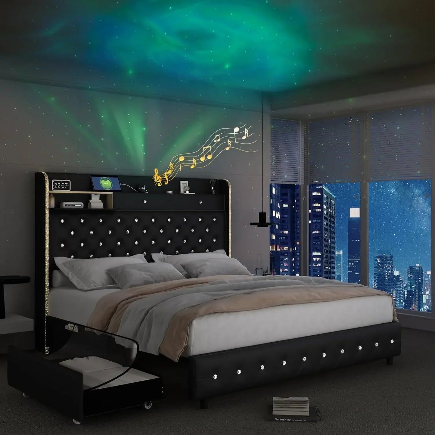 LED Platform Bed Frame With Galaxy Aurora Star Projector And Charging Station