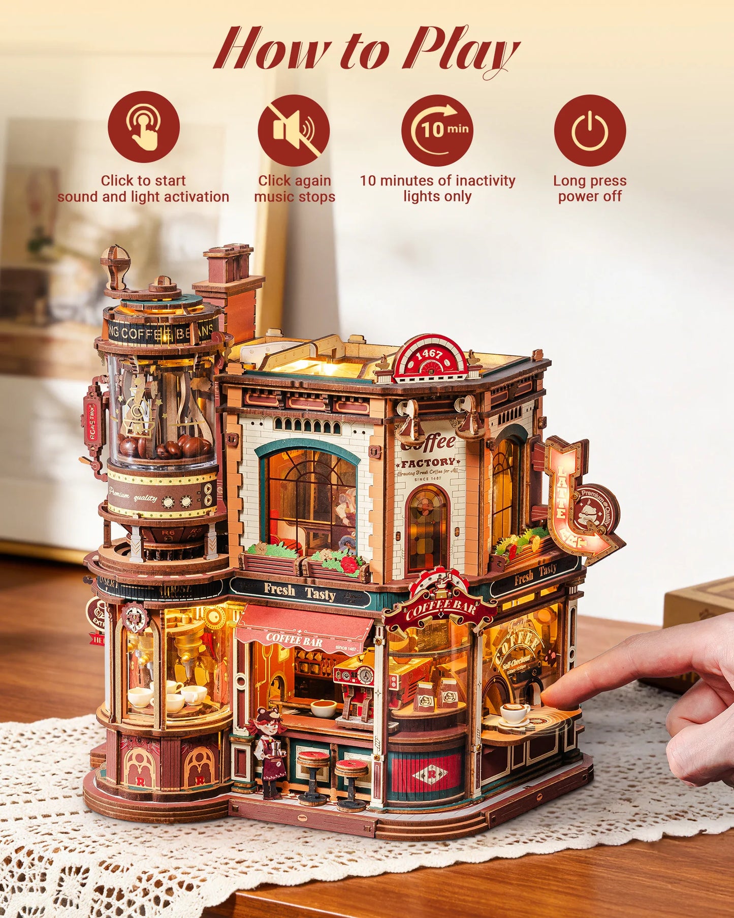 ROKR Dream Coffee Factory 3D Puzzle Music Box LED Kit