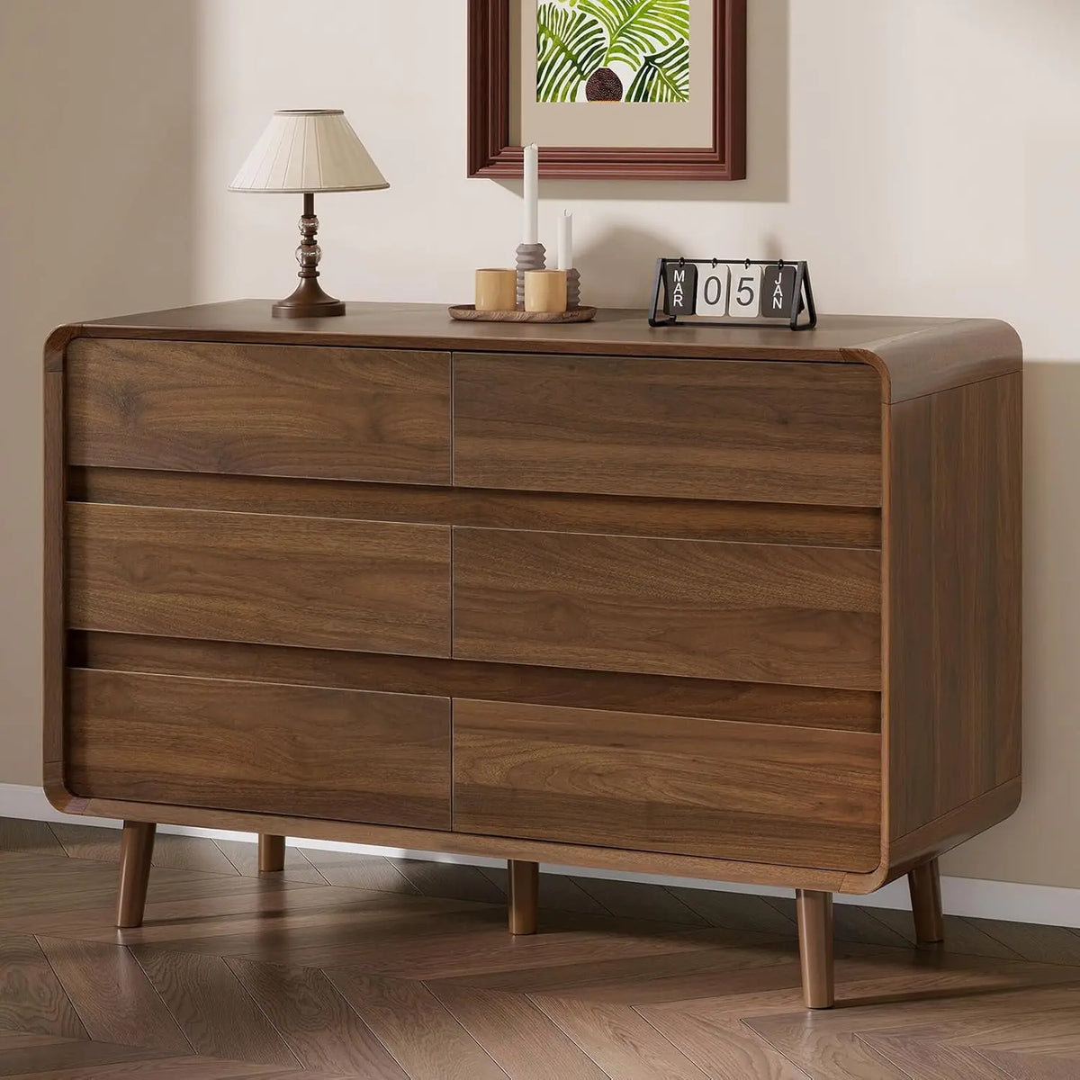 Mid Century Modern 6 Drawer Wood Bedroom Storage Dresser