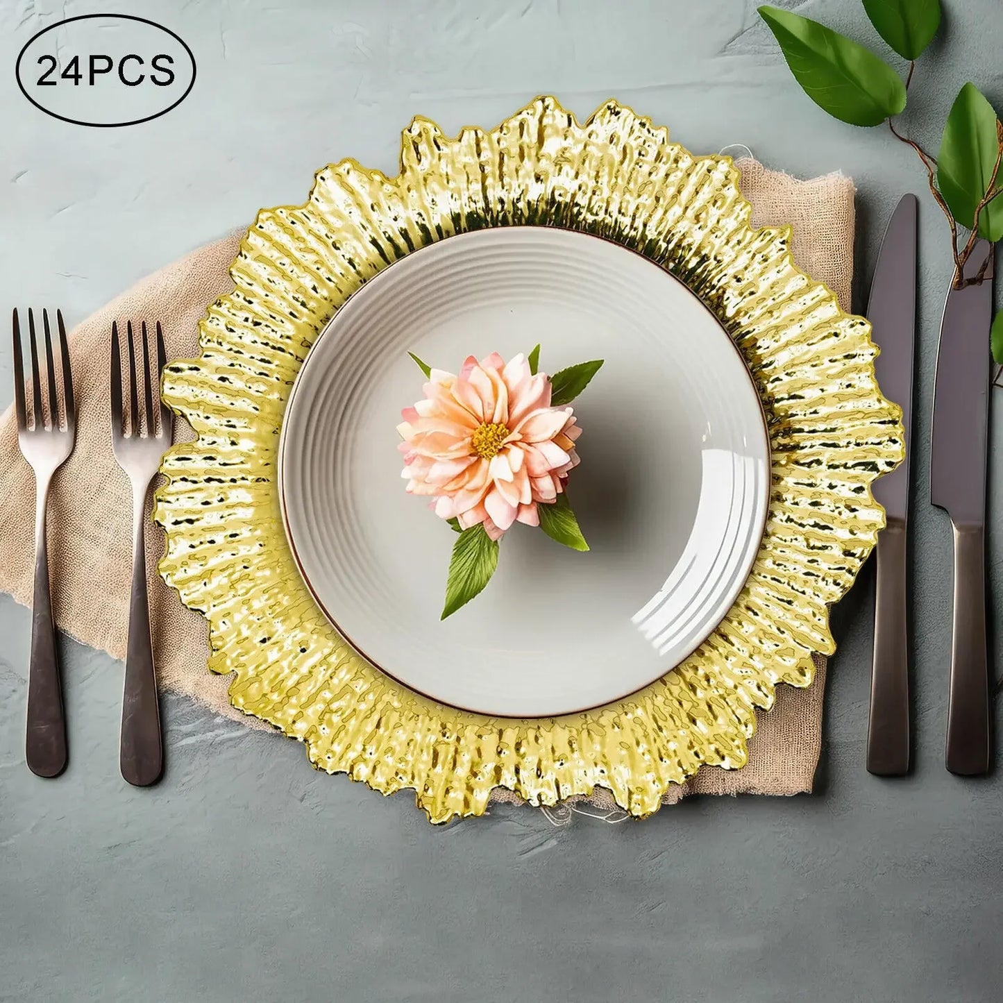 Gold Chargers Plate Set 24 Pieces For Wedding Dinner Decor