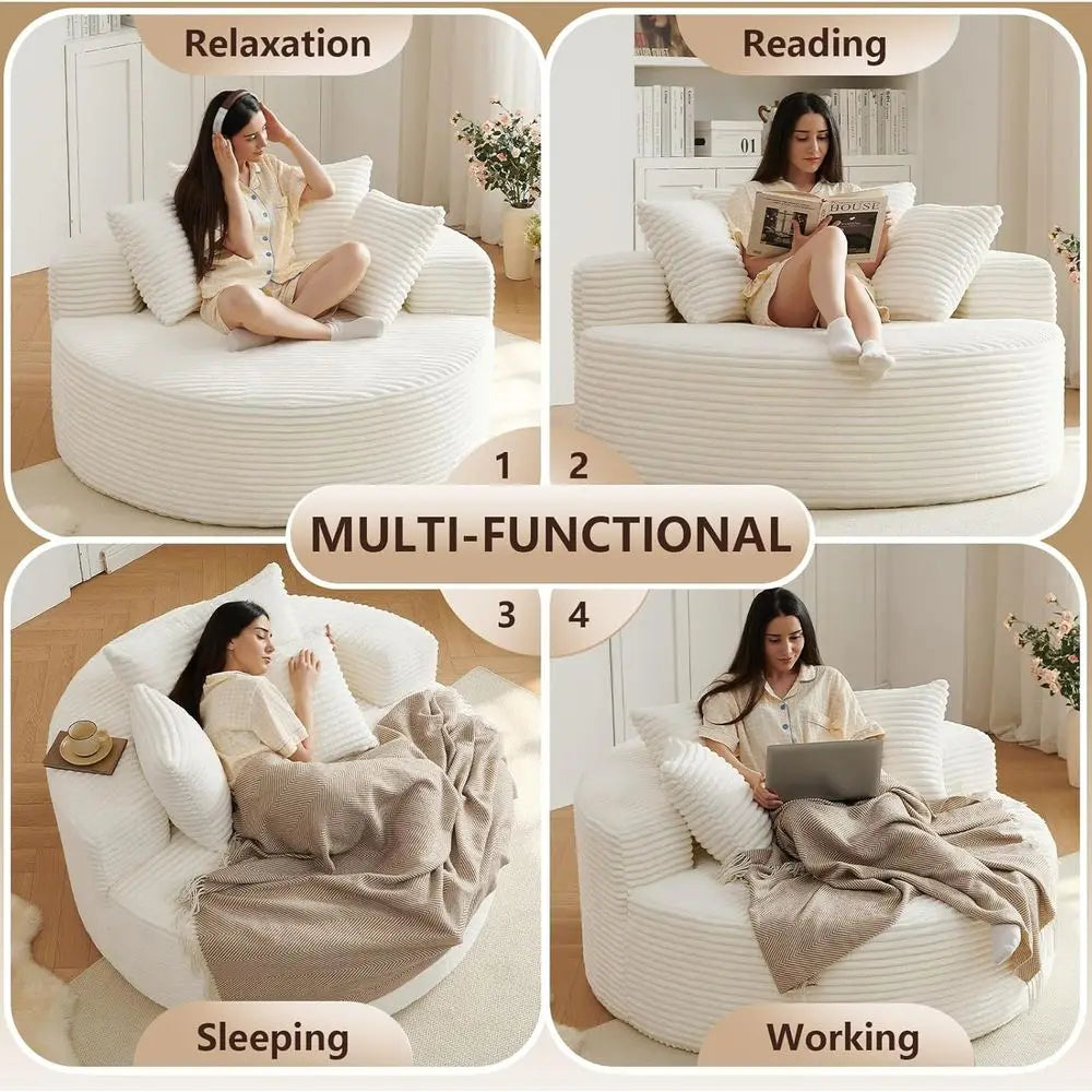 Corduroy Upholstered Round Lounge Chair Chaise With Deep Seat