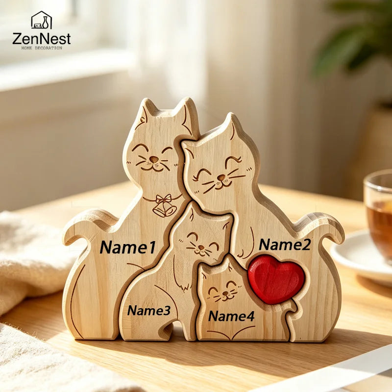 Natural Solid Wood Cat Family Jigsaw Ornament Heart Design Desktop Decor Custom Name Engraving Warm Family Memorial Present