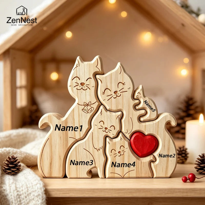 Natural Solid Wood Cat Family Jigsaw Ornament Heart Design Desktop Decor Custom Name Engraving Warm Family Memorial Present