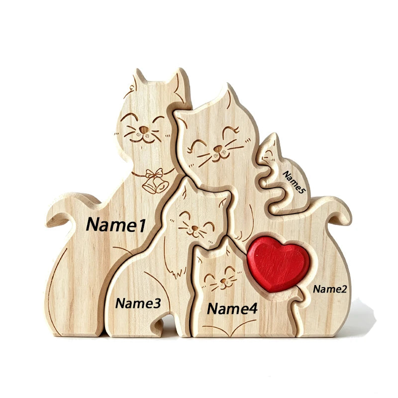 Natural Solid Wood Cat Family Jigsaw Ornament Heart Design Desktop Decor Custom Name Engraving Warm Family Memorial Present