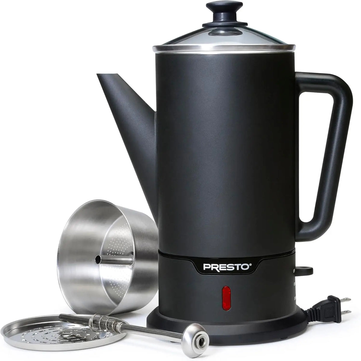 02815 12-Cup CordlCoffee Percolator - StainlSteel, Modern Design, Easy Pour Spout, Stay-Cool Handle, Matte-Black