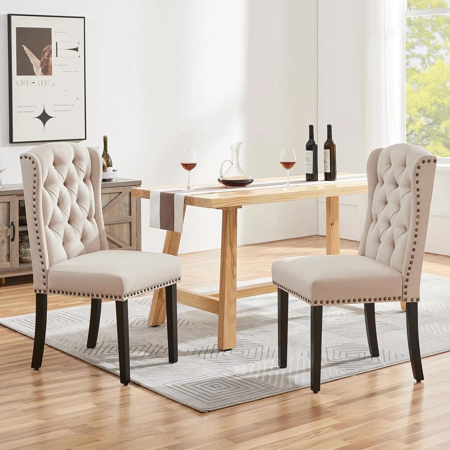 Set Of 2 Button Tufted Dining Chairs With Nailhead Trims And Solid Wood Legs