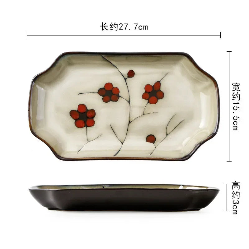 Japanese Ceramic Tableware Household Hand-painted Plum Blossom Ceramic Plate Rice Bowl Home Dinner Plates Kitchen Accessories
