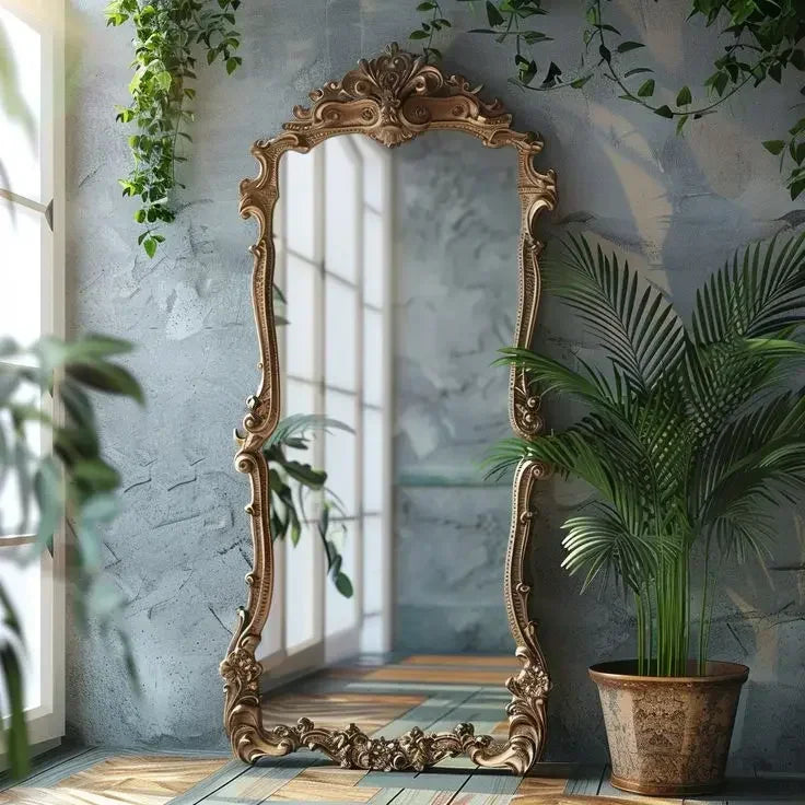 French Retro Floor Mirror Carved European Style Ornate Design