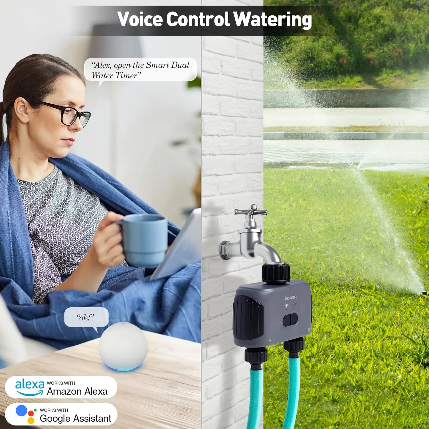 Insoma Zigbee WiFi Automatic Water Timer 2 Outlet Garden Irrigation