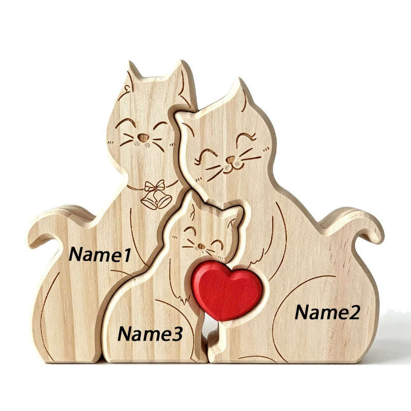 Natural Solid Wood Cat Family Jigsaw Ornament Heart Design Desktop Decor Custom Name Engraving Warm Family Memorial Present