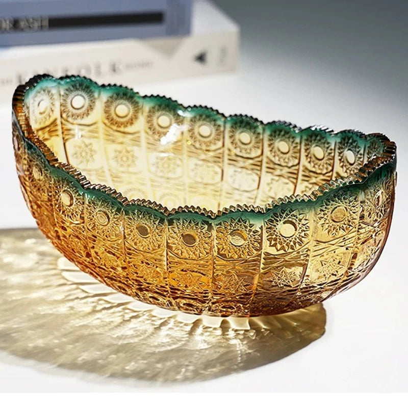 Classical Carved Pattern Moon Shaped Glass Fruit Plate Living Room Home Snack Storage Tray Home Decoration Supplies