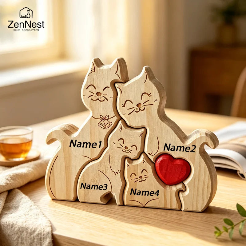 Natural Solid Wood Cat Family Jigsaw Ornament Heart Design Desktop Decor Custom Name Engraving Warm Family Memorial Present