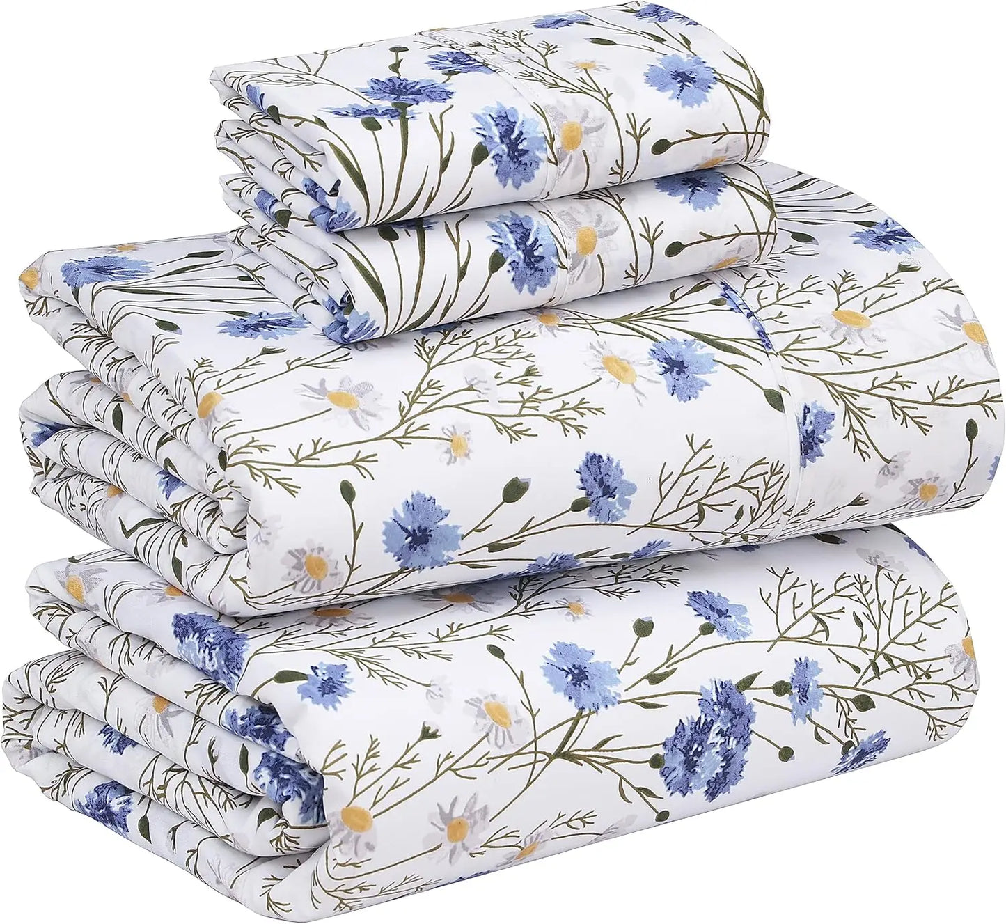 Cotton Percale Sheets 4-Piece Set With Cooling Breathable Floral Design