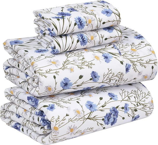 Cotton Percale Sheets 4-Piece Set With Cooling Breathable Floral Design