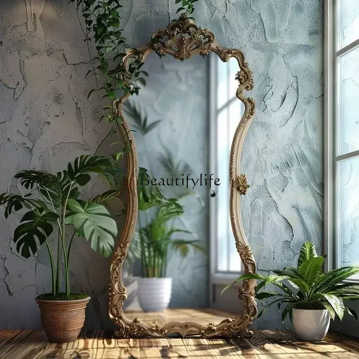 French Retro Floor Mirror Carved European Style Ornate Design
