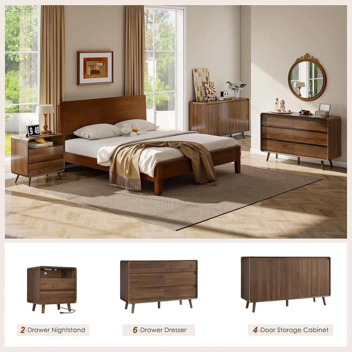 Mid Century Modern 6 Drawer Wood Bedroom Storage Dresser