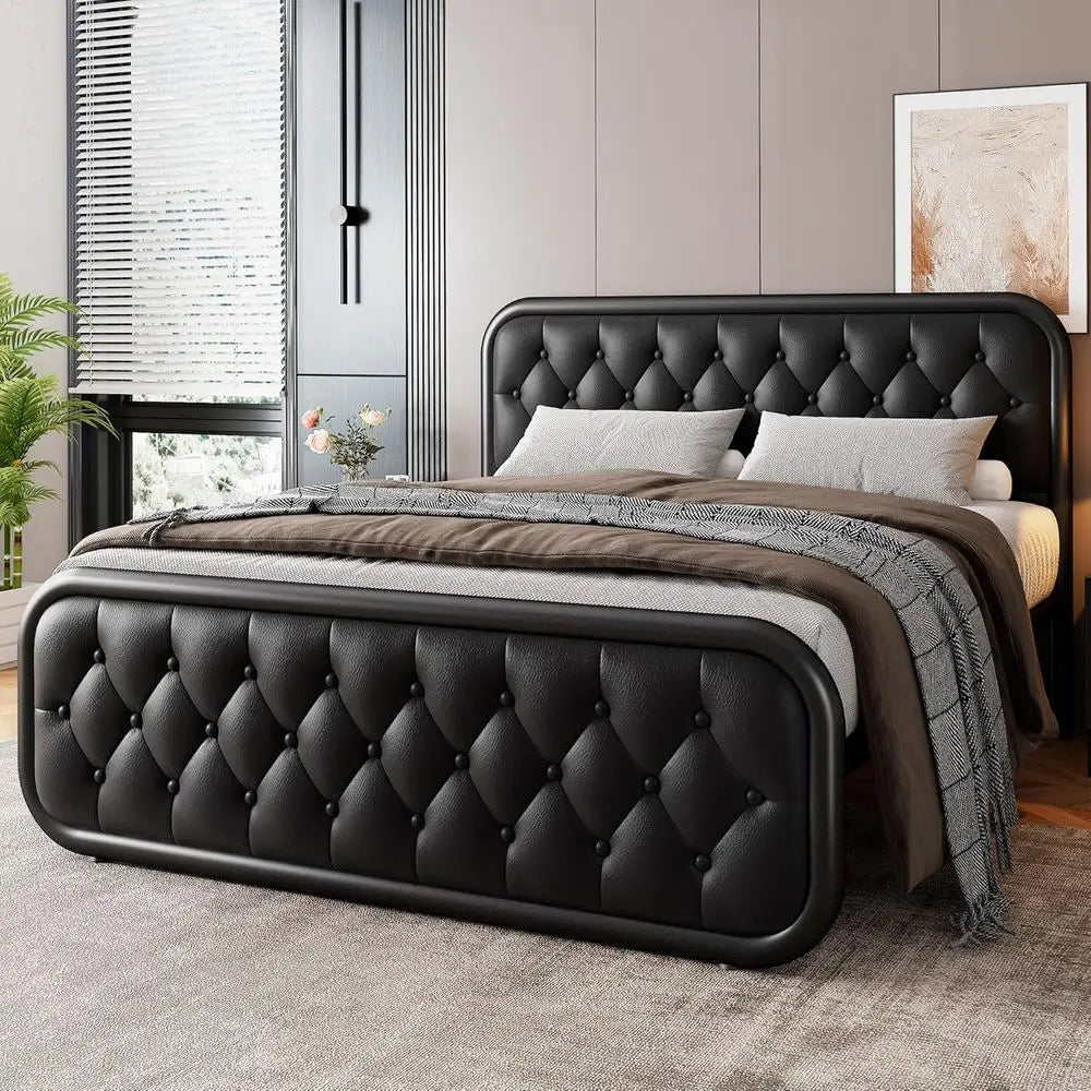 GalnFu Full Metal Bed Frame, Upholstered Bed with Leather Button-Tufted Headboard & Footboard, Heavy-Duty U-Shape Platform Bed,
