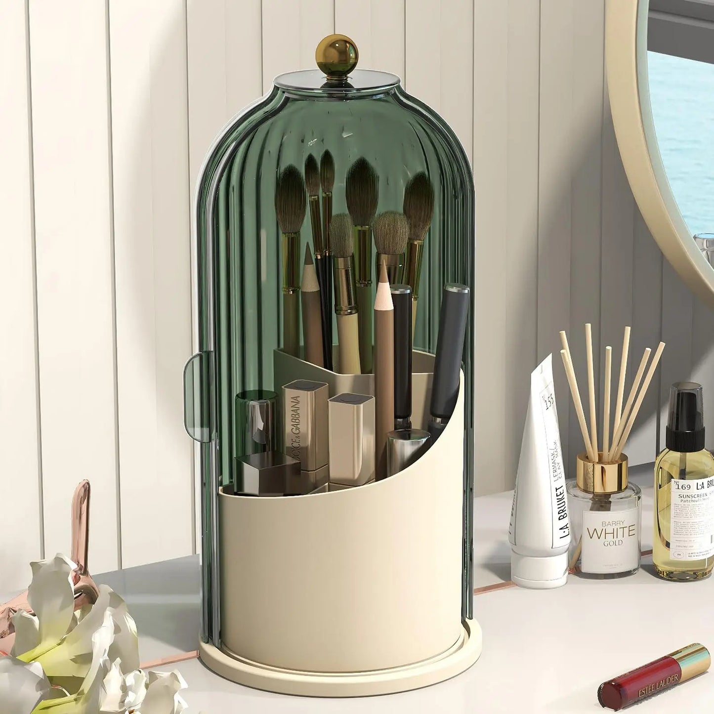 Makeup Brush Holder With Lid Rotating 360 Clear Dustproof Organizer