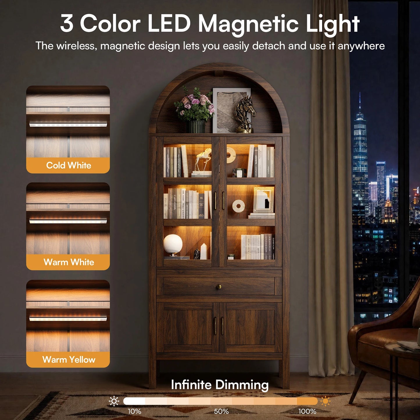 Furgle Arched Wood Storage Cabinet Adjustable Shelves LED Lights