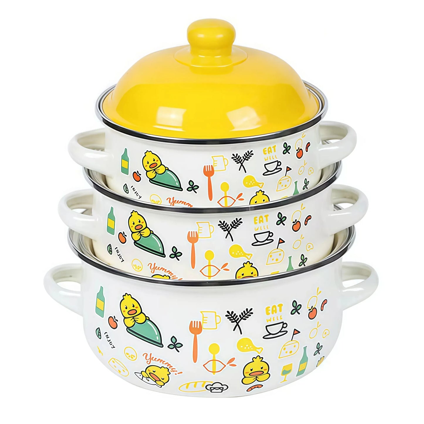 Three Piece Vintage Enamel Stock Pot Set With Lid Induction