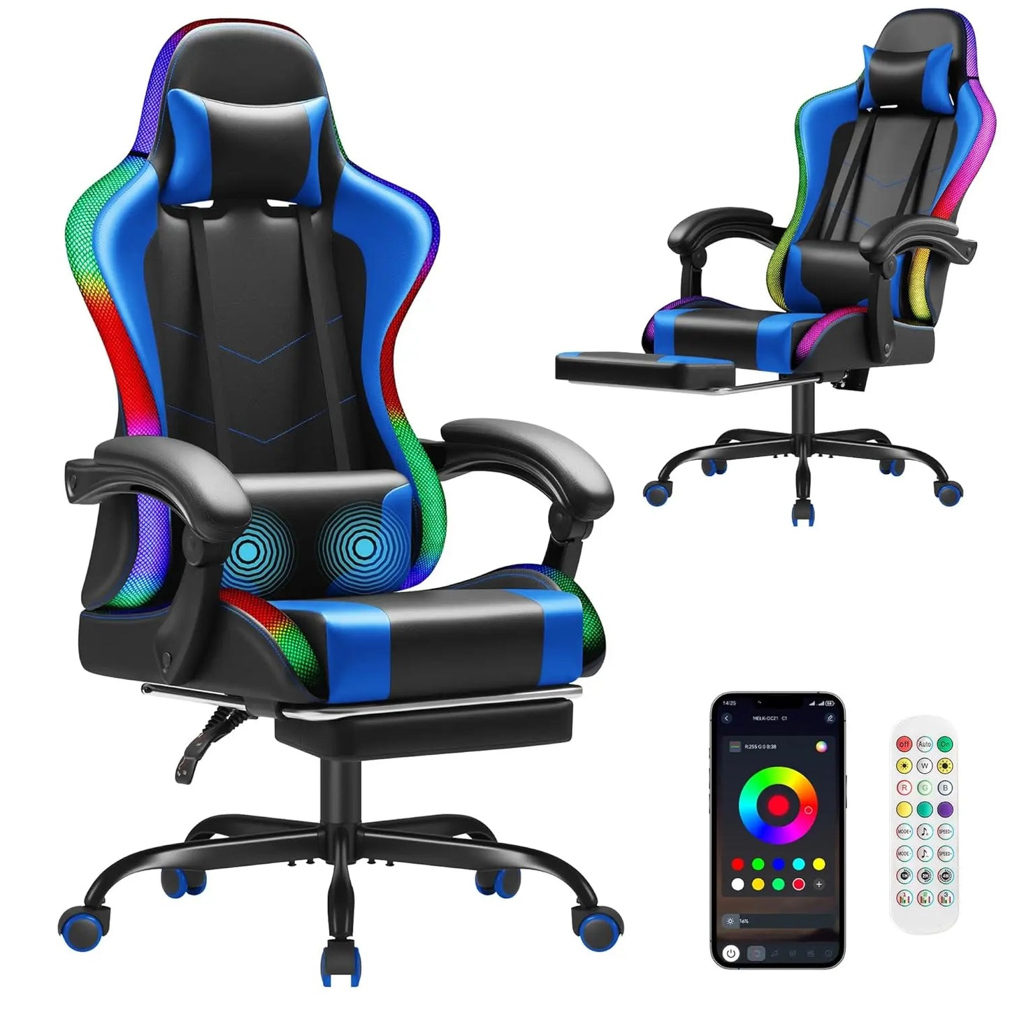 Gaming Chair With Footrest Height Adjustable And Massage Lumbar Support