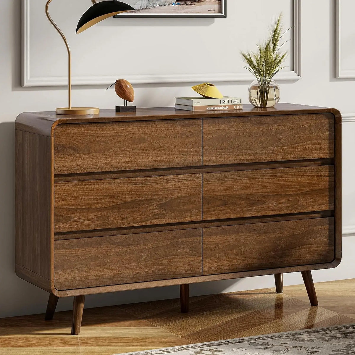 Mid Century Modern 6 Drawer Wood Bedroom Storage Dresser