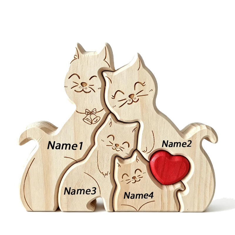 Natural Solid Wood Cat Family Jigsaw Ornament Heart Design Desktop Decor Custom Name Engraving Warm Family Memorial Present