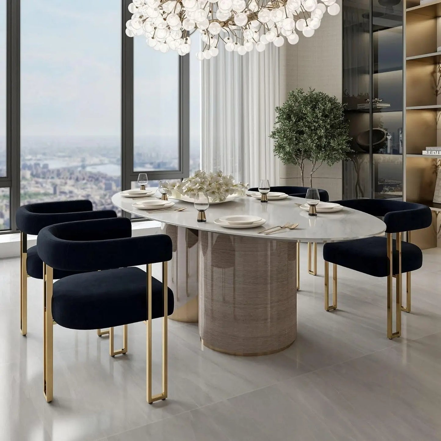 Set Of 4 Velvet Barrel Dining Armchairs With Metal Legs