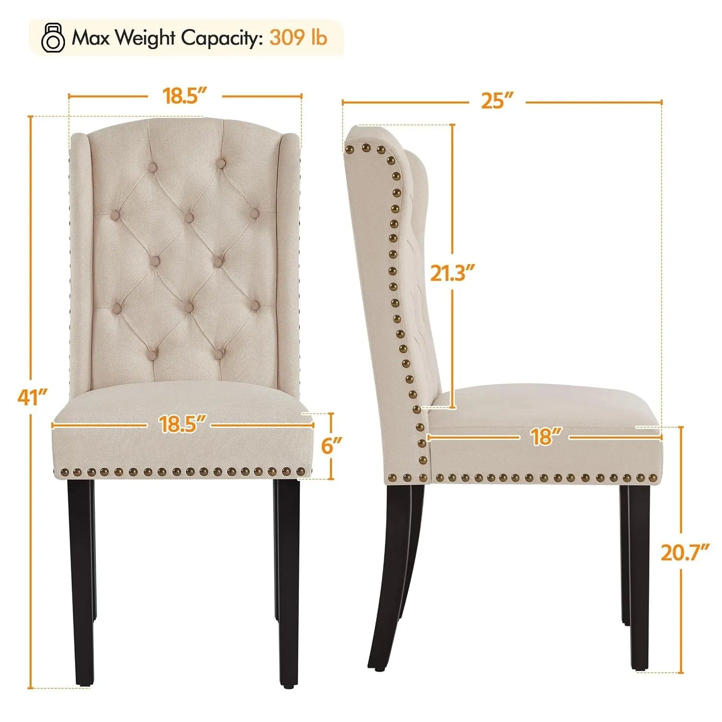 Set Of 2 Button Tufted Dining Chairs With Nailhead Trims And Solid Wood Legs