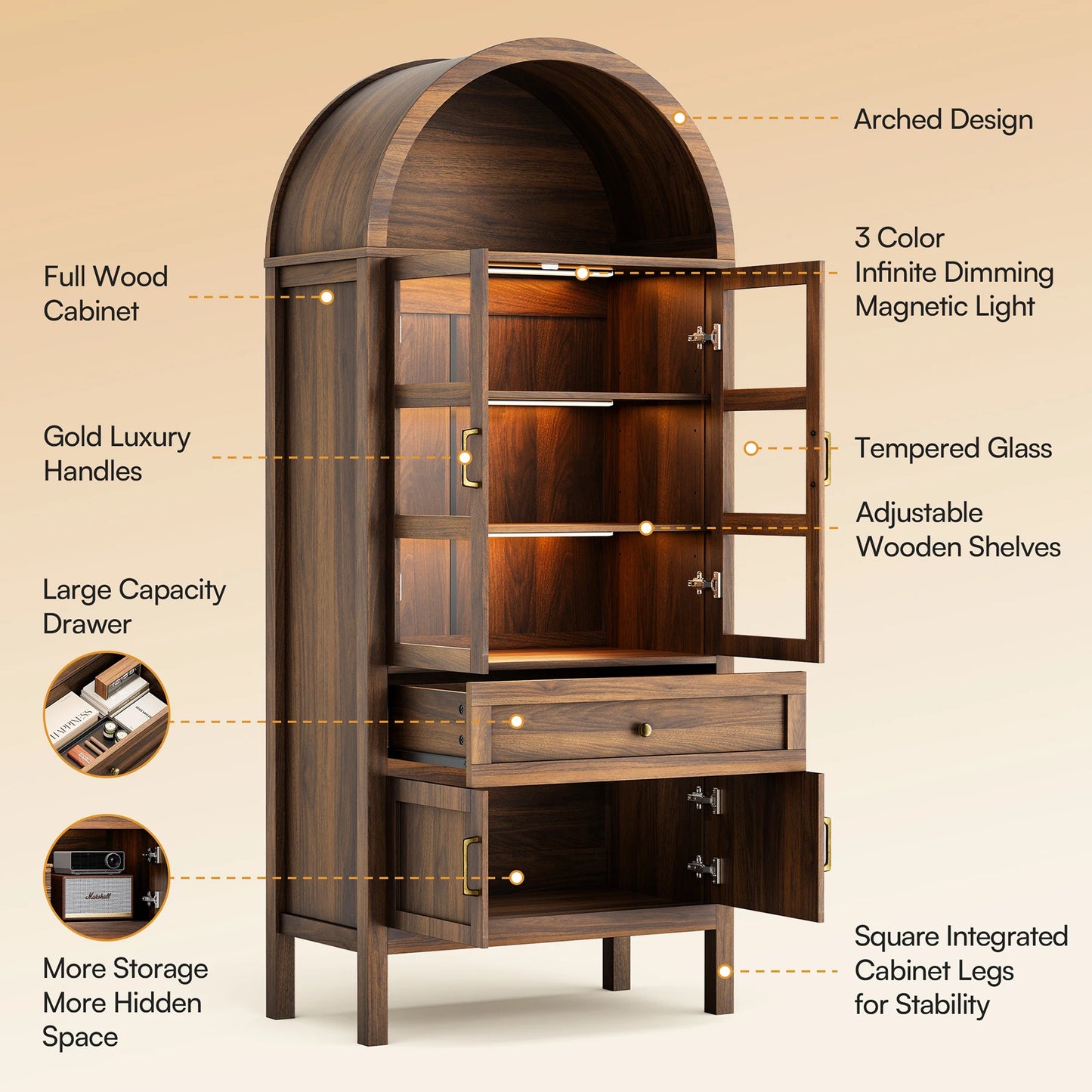Furgle Arched Wood Storage Cabinet Adjustable Shelves LED Lights