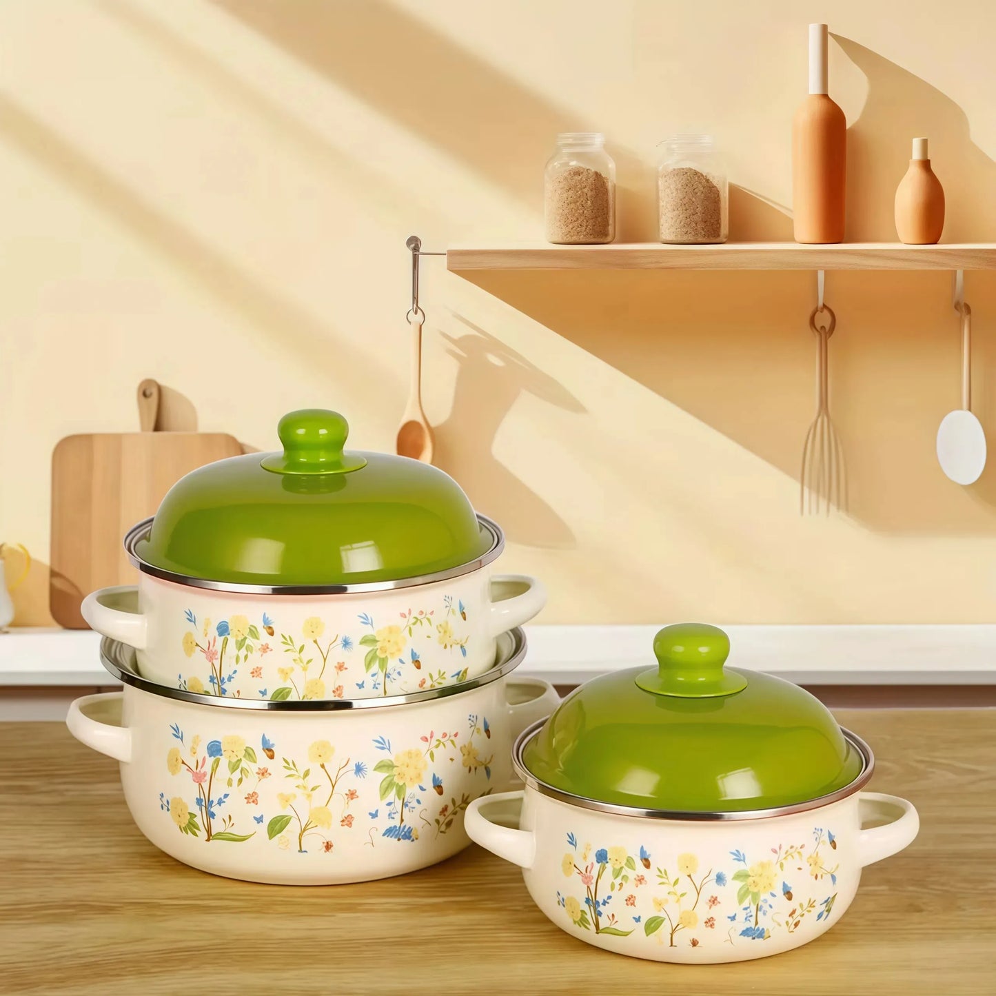 Three Piece Vintage Enamel Stock Pot Set With Lid Induction