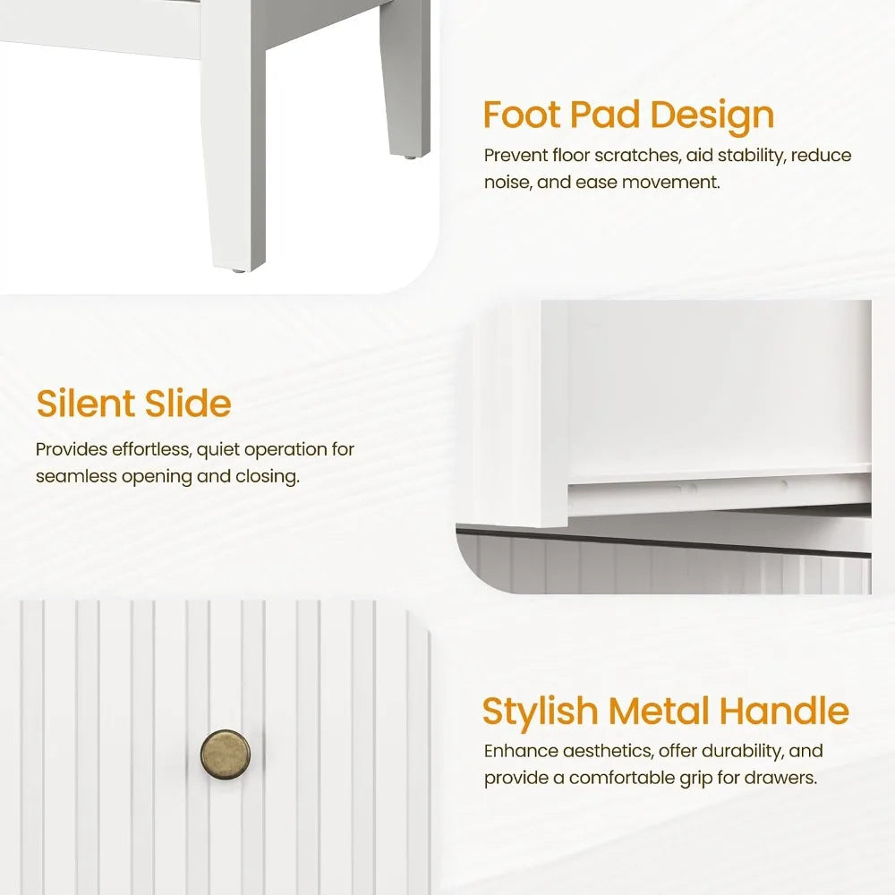 Fluted Nightstand Set Of 2 With Charging Station And Storage Shelf